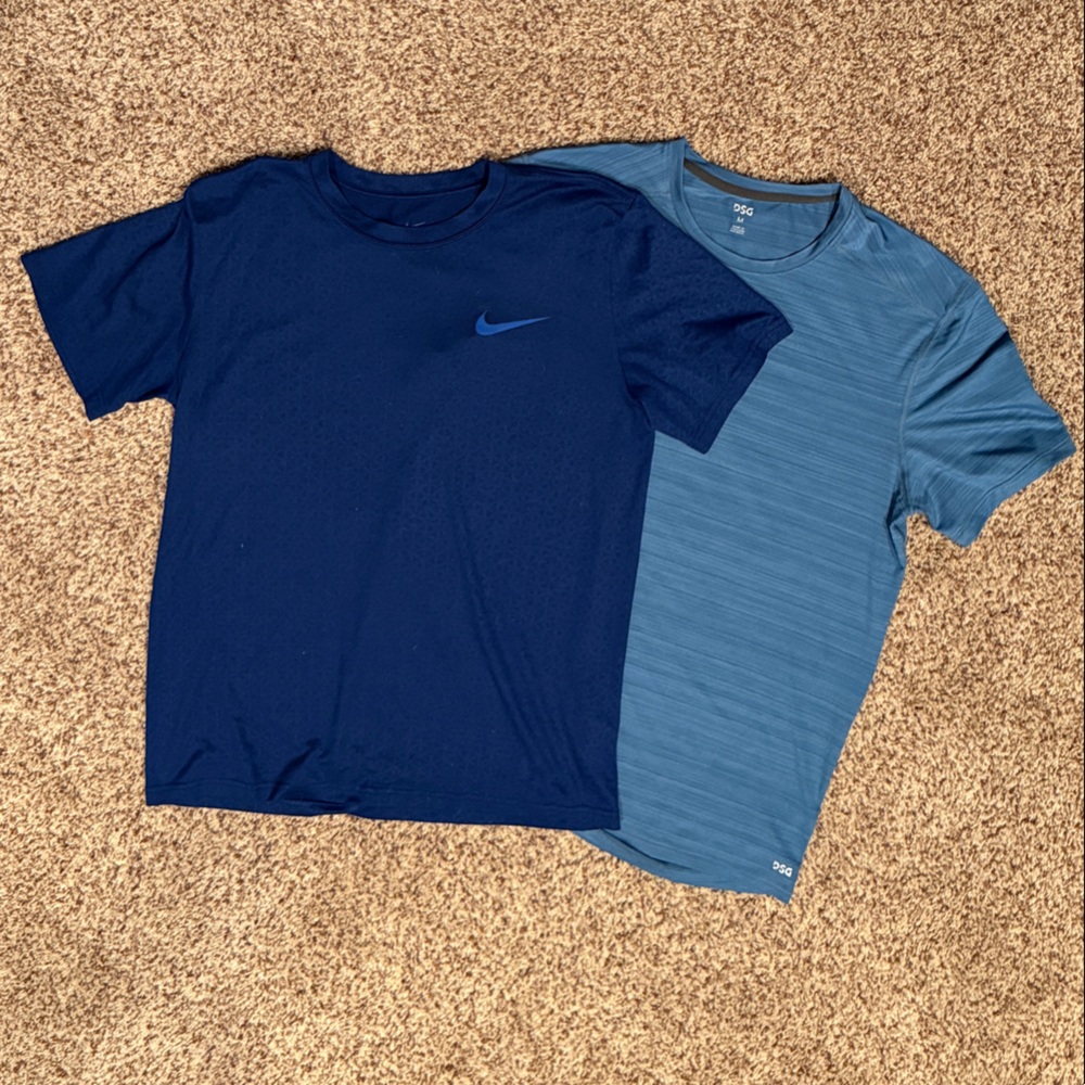 Set of two men’s athletic tees, one Nike Dri-Fit and one DSG, both size Medium